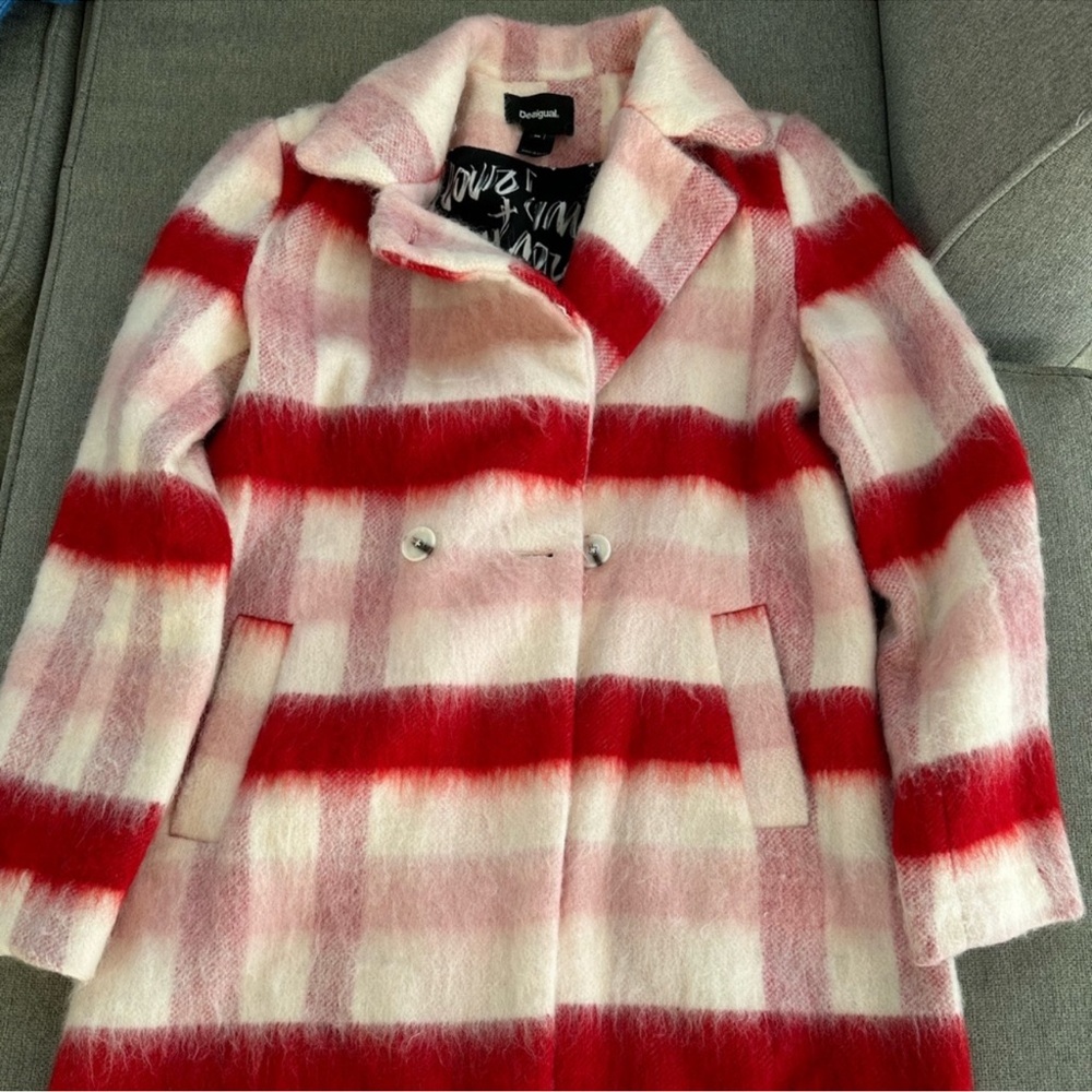 Desigual Red and White Plaid Pea Coat